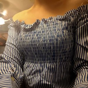 Blue striped off shoulder shirt